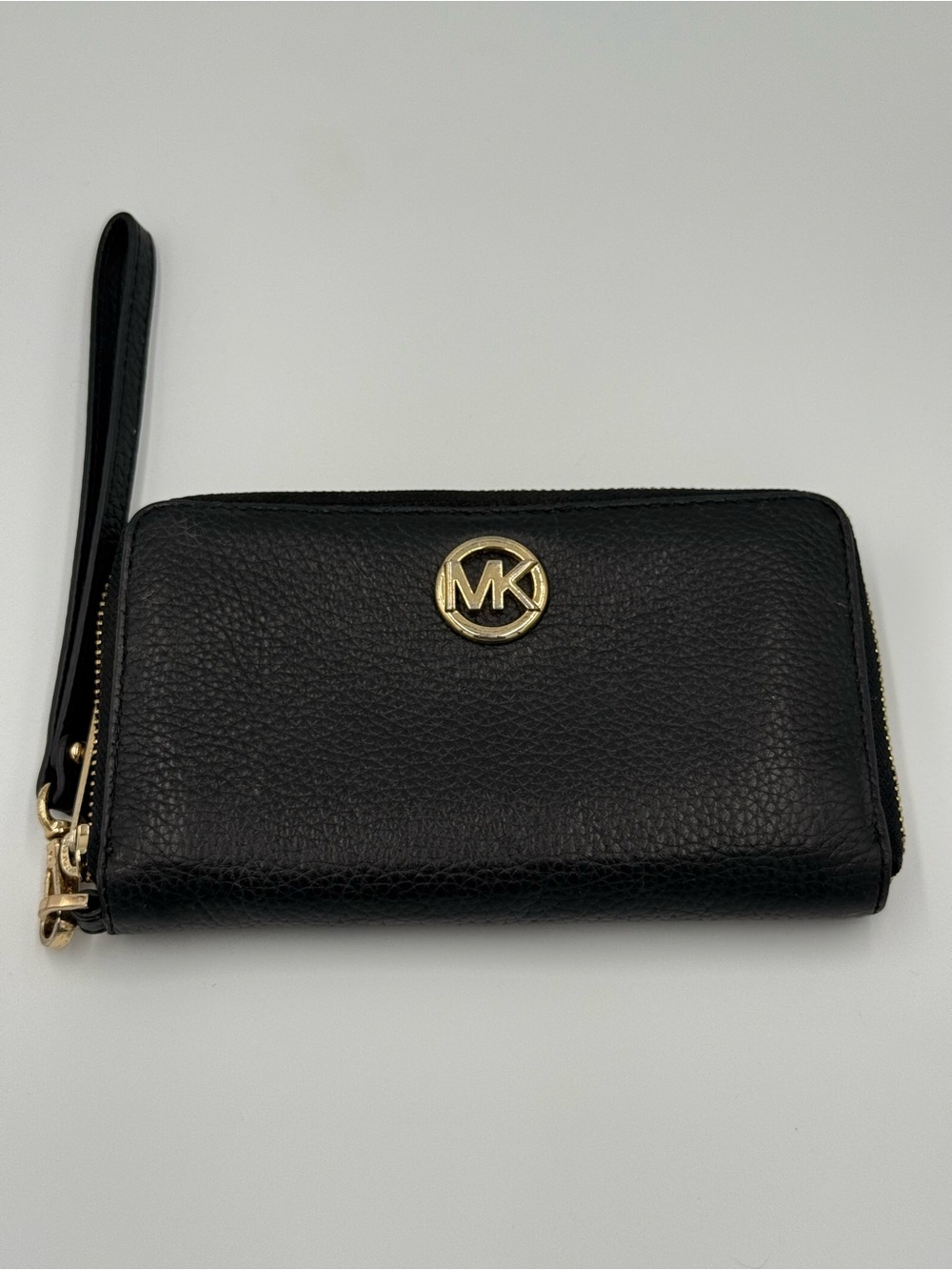 Michael Kors Black Pebbled Leather Gold-Tone MK Wallet/Wristlet
